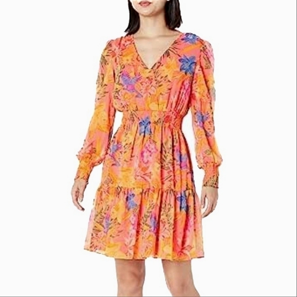 Anne Klein Women's Floral V Neck Flounce Hem W/Smocked Sleeve Dress Size 10
